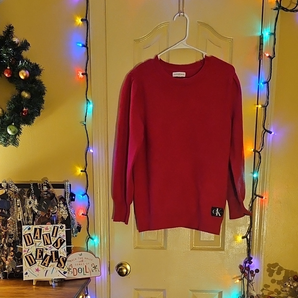 Calvin Klein Classic Red Crew Neck Sweater W/Puffy Shoulders